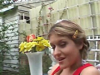 Big boobs blonde and Asian girl masturbation in the garden