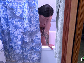 Stepson Spies on His Stepmom in the Shower, Stepmother Sucks Dick