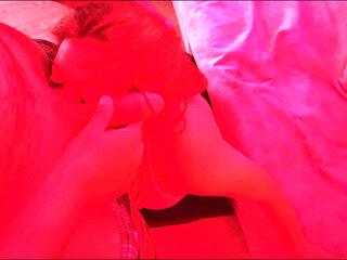 Horny Latina MILF in Red Light Spits on Cock, Sucks Balls, Gives Handjob and Facial Cumshot