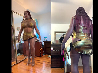 Black Babe Danae in a Sexy Gold Bathing Suit, Stripping, Fucking Her Dildo and Shooting Her Load