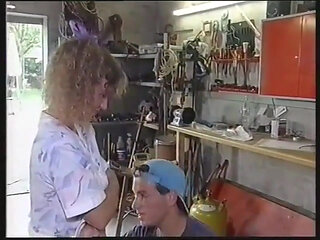 Curly haired blonde teen gives blowjob and gets her tight ass fucked