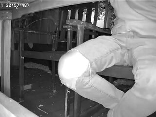 Amateur Boy Caught on Night Vision Cam Peeing Himself Sitting at the Garden Table (he Totally Wets His Pants) )