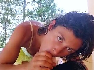 Dark haired amateur blowjob and handjob in fake taxi