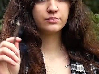 Sweet and Busty Russian Babe Smoking Cigarette in Nature