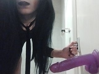 Goth bitch Natalie backs up on dildo for first video