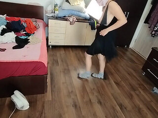 Amateur Woman Has Fun Trying on Clothes and Cutting Them.