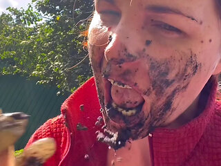Licking Mud, Spit From Path, Walking with Dirt on Face and Tits