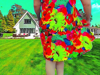 Sweet shemale walking through garden in summer breeze