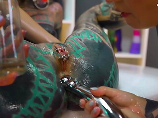 Oily Lesbian Metal Toy Threesome Girls Slippery Fuck