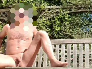 Sunbathing Nude in a Garden on a Bench