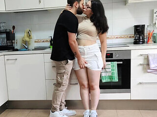 Amateur Homemade Handjob: Spanish Brunette with Natural Tits Gives Buddy a Cum in Mouth Finish in Kitchen