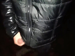 Outdoor Jerking and Cumshot with Winter Shiny Jacket