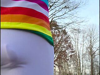 Skinny twink in white Leggings shows his big bulge in public... People watching him