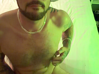Tattooed Cub wanking in hotel room