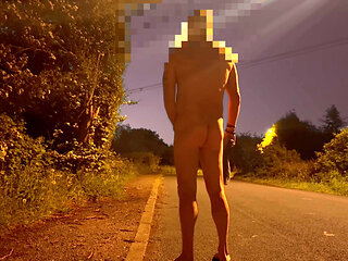 Barefoot nude in road