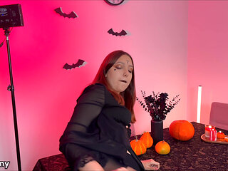 Hot Redhead Witch in Shiny Pantyhose Traps You and Obliges to Creampie Her Pussy