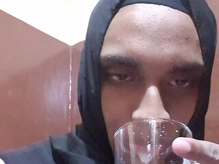 Desi sexy crossdresser drink her pee and cum over herself