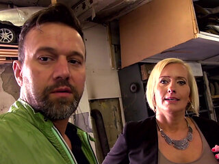 Facial ending for the big boobed blonde MILF after sex on the car