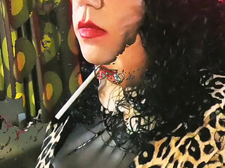 Crossdresser Cassandra Strokes Cock and Smokes Virginia Slim 120 While Wife Watches