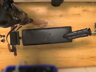 Latex Chastity Cage Sissy on Sex Machine Pillory and Double Dildo