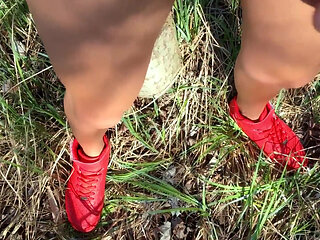 Outdoor Red Sneakers Then Barefoot Jerking, Dildo Inside Ass and Cumshot