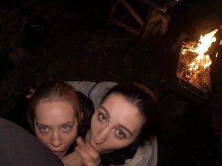 FFM 3 Way Throating on the Backyard - Outdoor Dual Suck Off - Blow-Job Internal Ejaculation