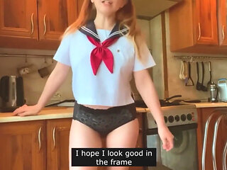 Young Beauty in Japanese College Uniform Masturbates in the Kitchen and Chats with You