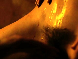 Dissolute piss fetish fingers her erotic pearl