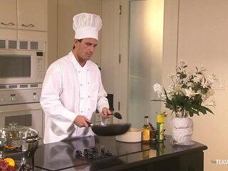 Chef makes out with a brunette hottie before fucking her in the kitchen
