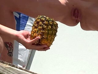She fills pineapple with piss squirt for him urine drench