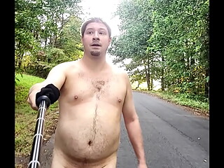 Exhibitionist Nudist walks butt naked in woods/forest and on public road, open field