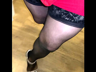 Mom Crossdresser Madison dressing in sexy outfits with thigh high hose stockings and heels and walks around showing off teasing