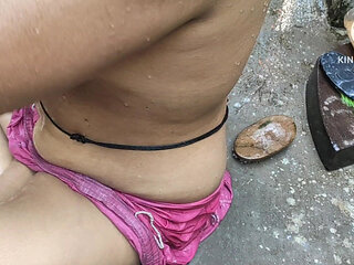 Indian House Wife Bathing Outside