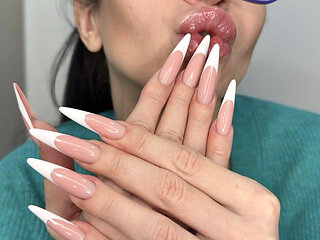 Finger Snapping and Sucking, Hot French Manicure Long Nails, Sharp Claws