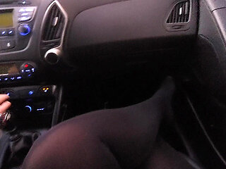 My stepmom teases me in the car with her legs in nylons