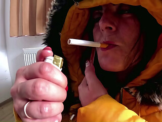 Smoking Phone Call Downjacket. Noisy Hooded Blowjob and Cum on My Coat- preview