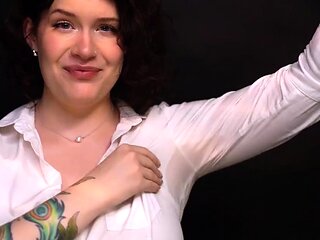 Busty curly brunette with big boobs fucks on couch