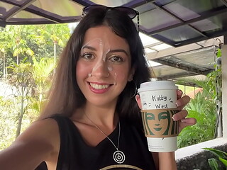 Blowjob in a Public Toilet Starbucks and Cumwalk - She drinks coffee with cum on face among people