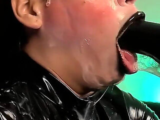 A Demon Dressed in Latex, Latex Gloves, a Latex Suit, and Black Lips, Sensually Sucks Your Cock and Spits Saliva and Semen on Me