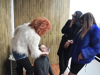 Brunette MILF Femdom in Fur Coat Dominates Slave on Balcony - Hardcore BDSM Bondage & Humiliation