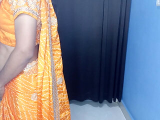 Indian hot housewife looking gorgeous satin saree