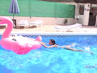 Linda Del Sol Strips and Plays For You in the Pool