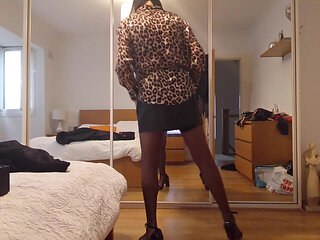 new sexy leather mini skirt, blouse  stockings and heels