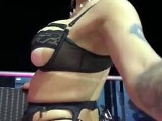 Trashy blonde babe in stockings