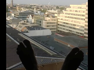 Public horny masturbation at hotel window