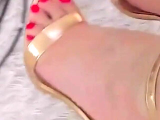 MILF Sexy Feet Red Toenails Golden Sandals High Heels Teasin