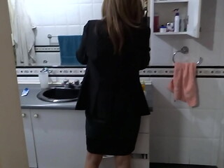 Beautiful stepmother dresses to go fuck, comes back and undresses, still aroused.