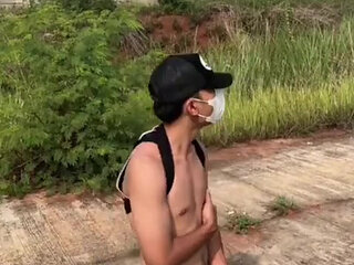 Jerk off road outdoors handsome asian man