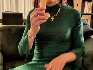 Sexy Italian MILF CD plays with her hard cock and slides a dildo up her ass