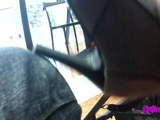 In the Bar Stroking My Husband with My Grey Mini Boots